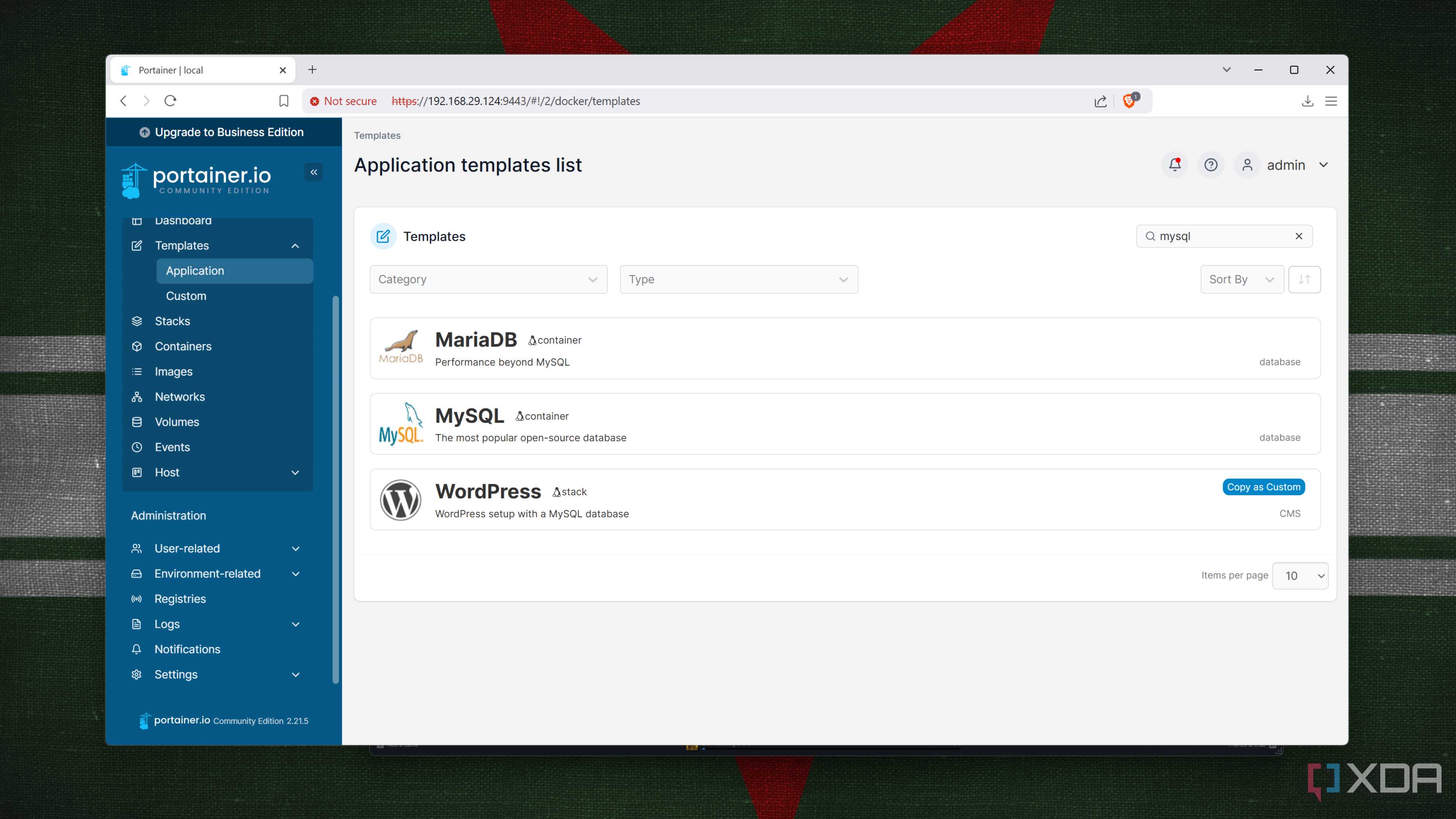 Adding a template in Portainer