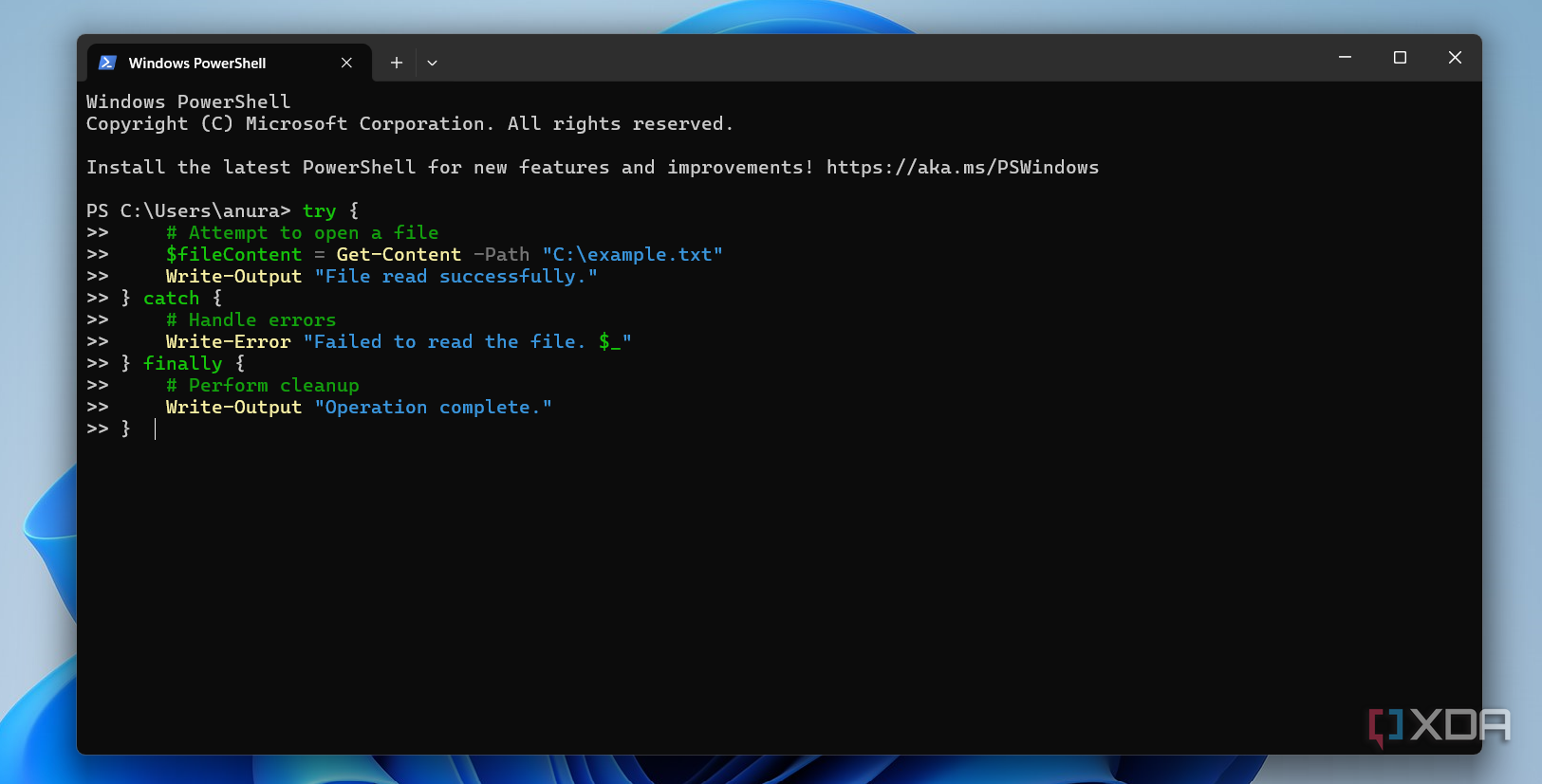 powershell try-catch-finally function