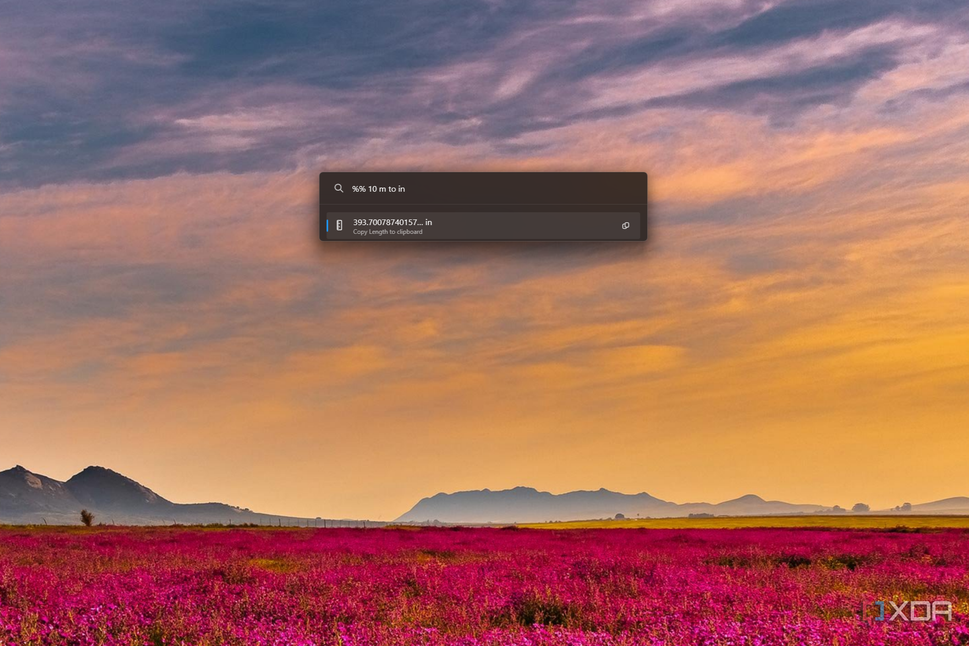 Screenshot of PowerToys Run showing the unit converter plug-in in action