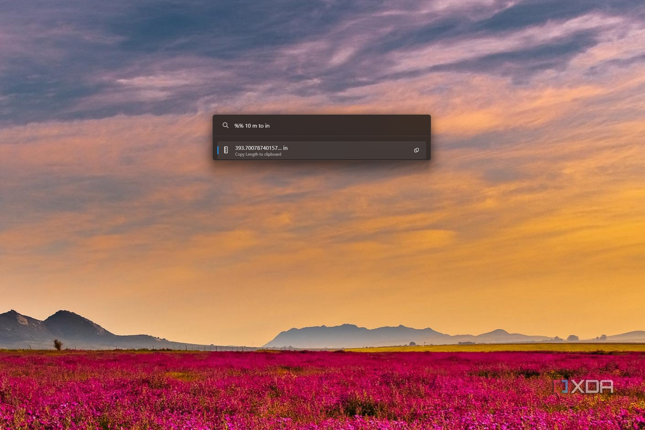 Screenshot of PowerToys Run showing the unit converter plug-in in action