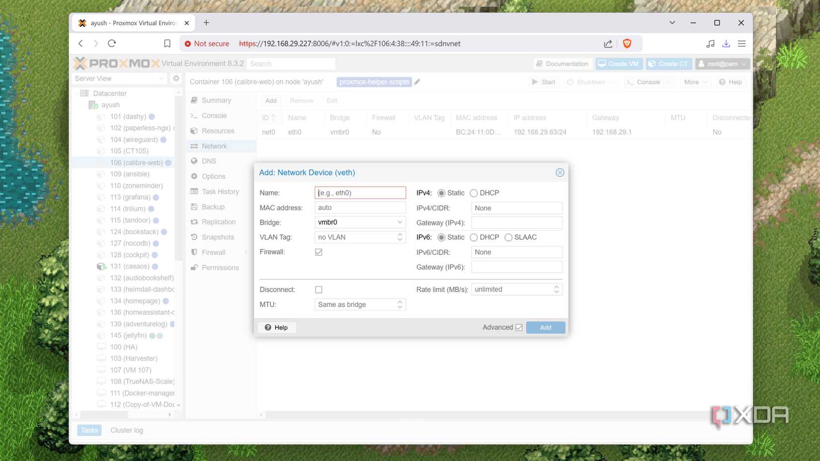 Configuring network settings inside Proxmox