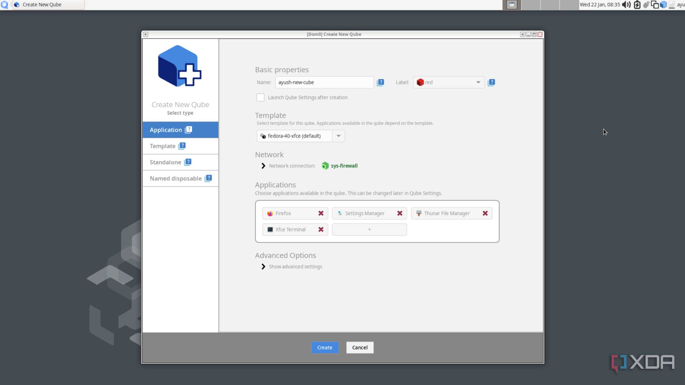 Creating a new qube in Qubes OS