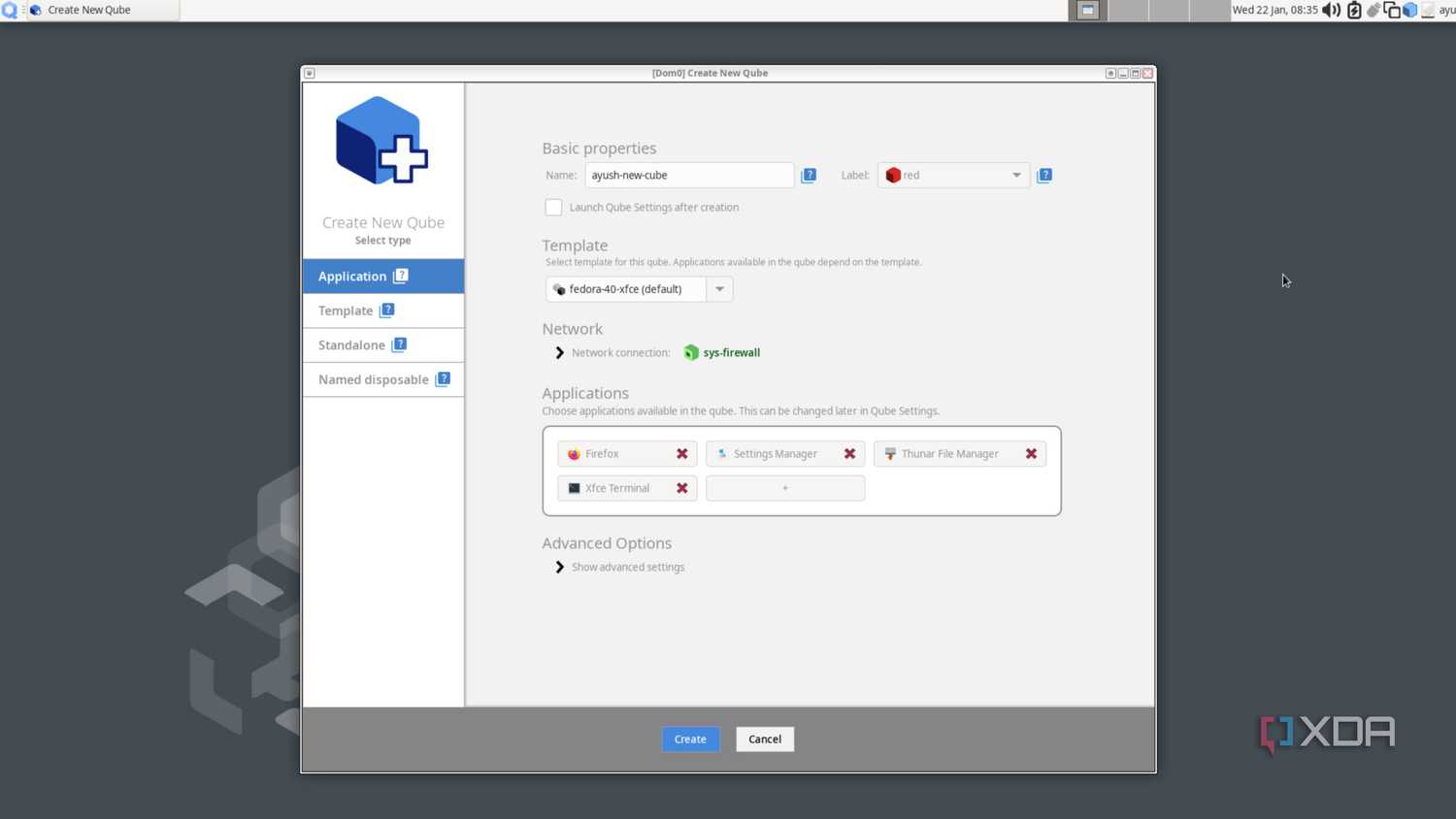 Creating a new qube in Qubes OS