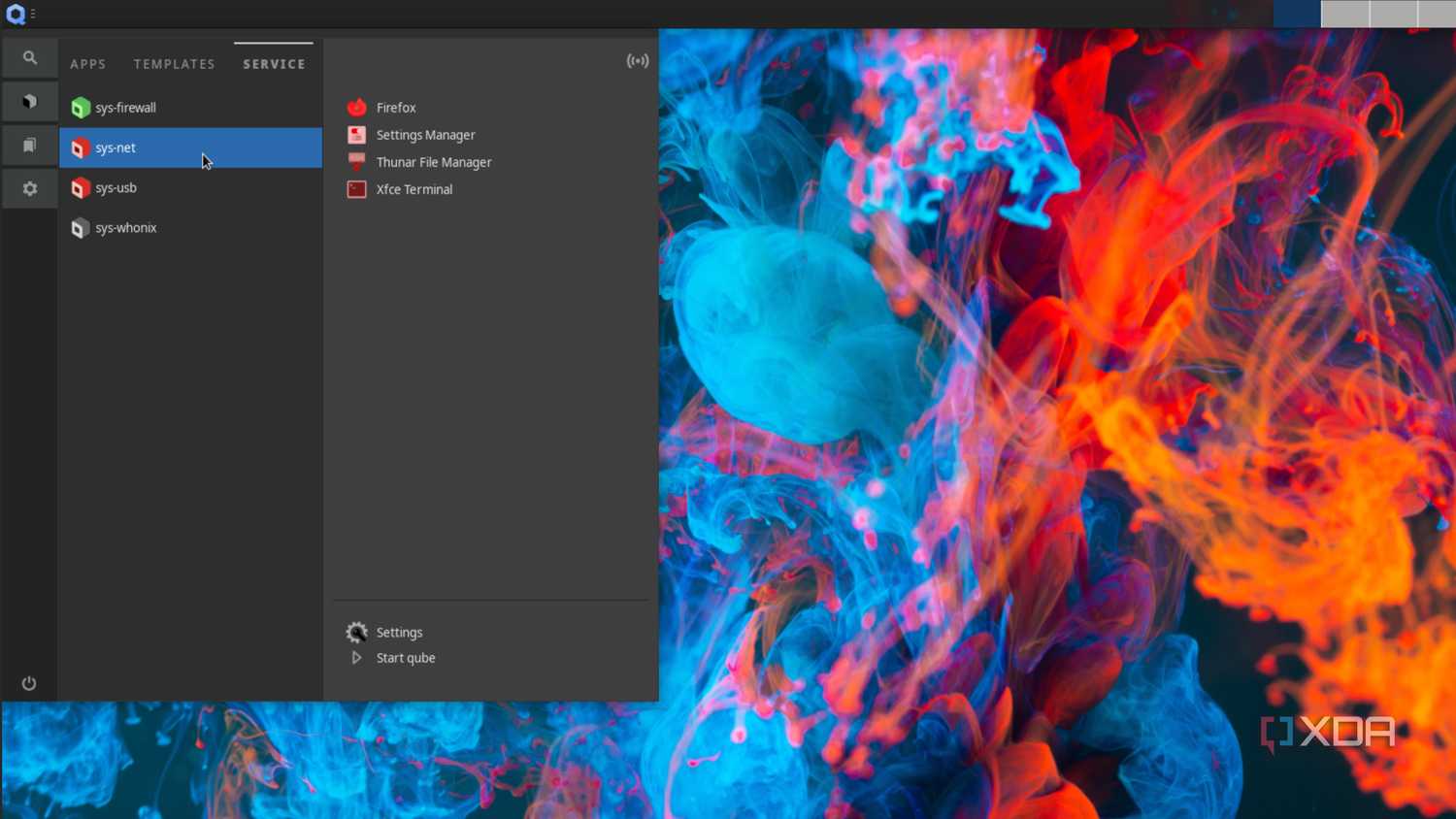 The services tab in Qubes OS