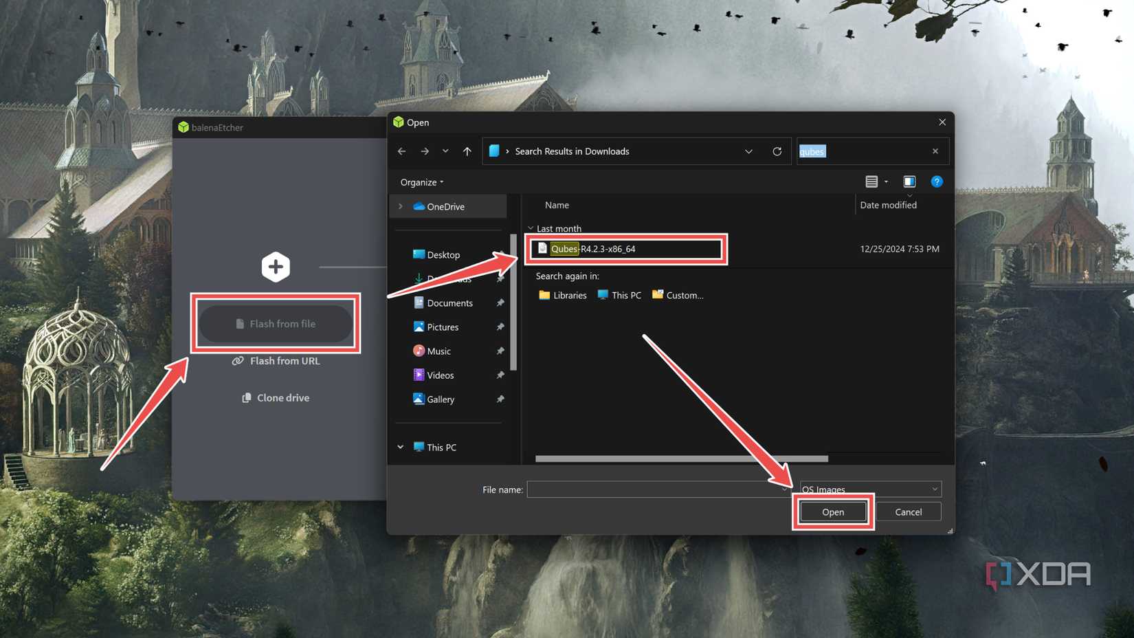 Selecting Qubes OS file in Balena Etcher
