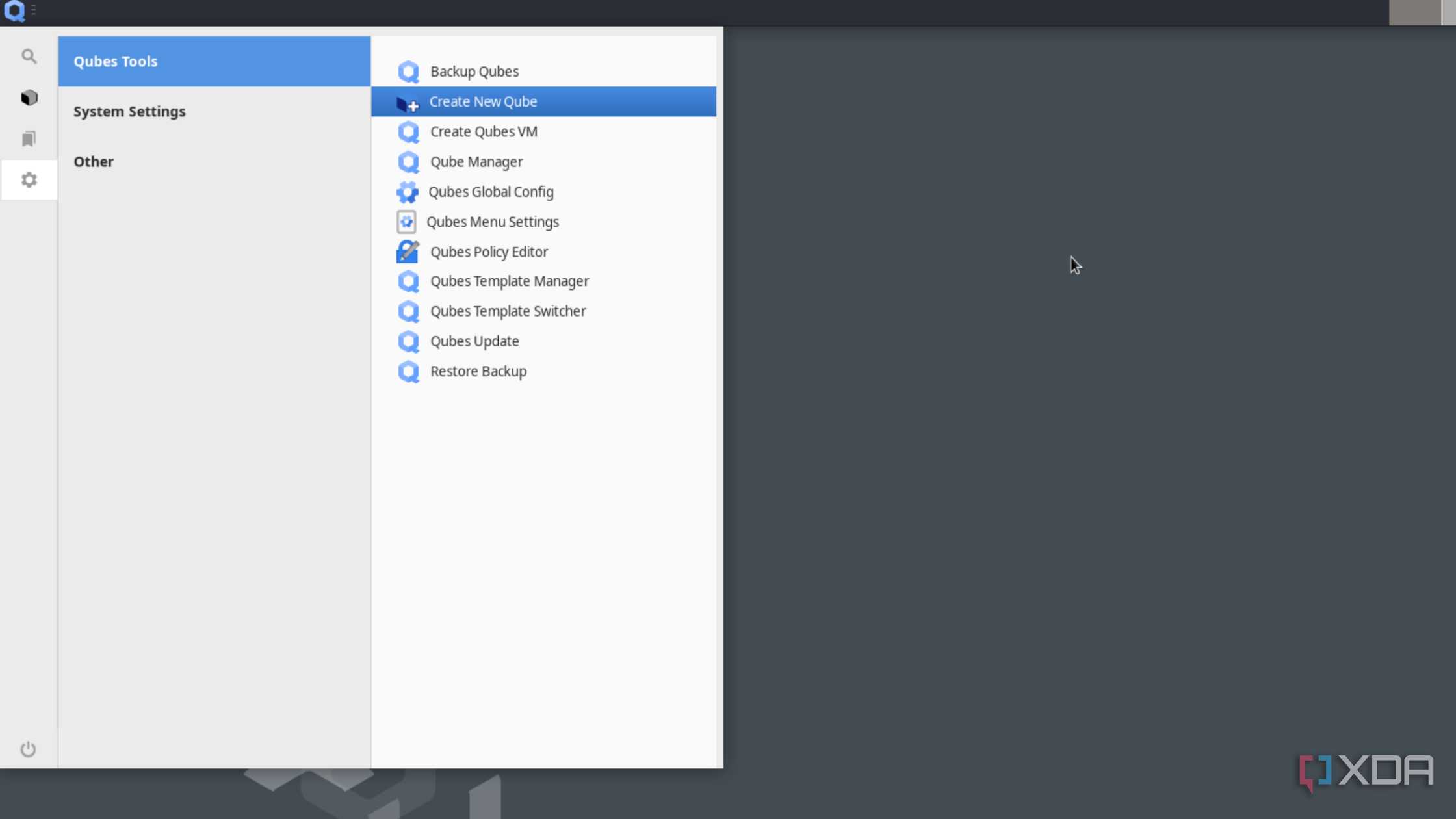 The Create New Qubes option in Qubes OS