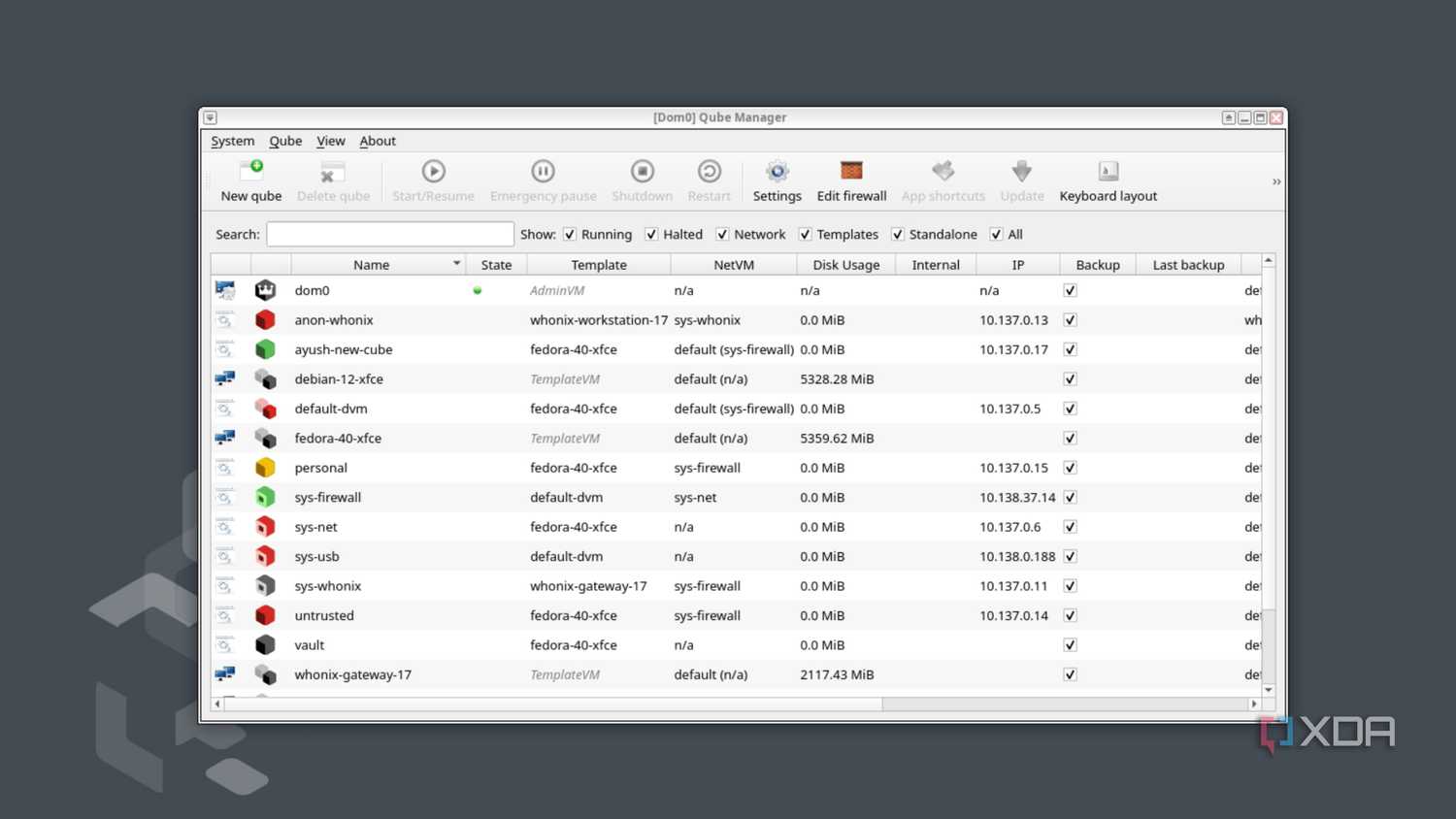 The Qubes Manager in Qubes OS