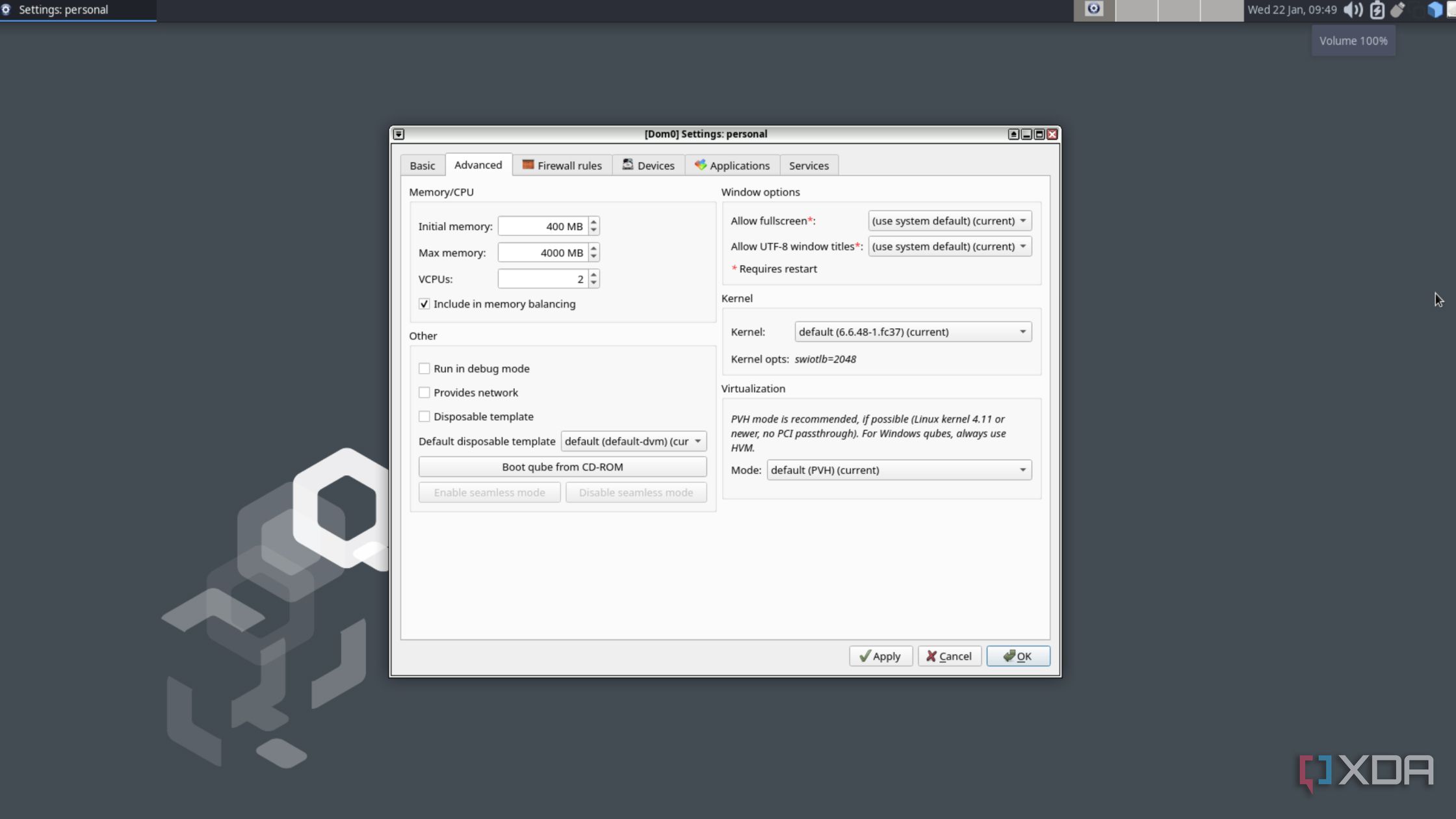The Qubes settings in Qubes OS
