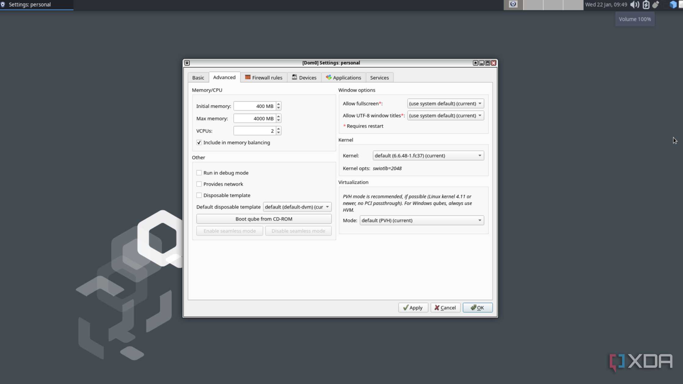 The Qubes settings in Qubes OS