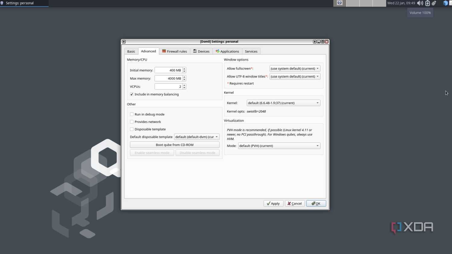 The Qubes settings in Qubes OS