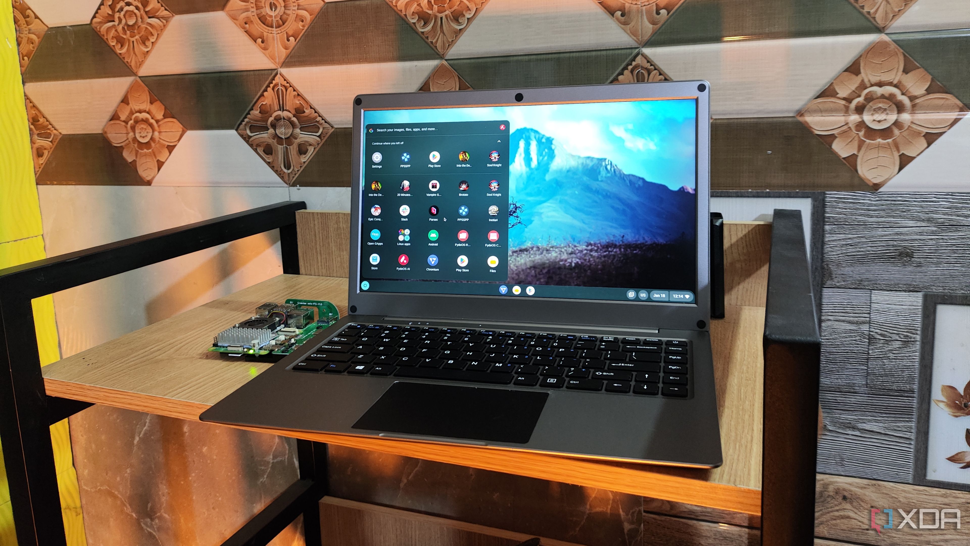 Running FydeOS on the Raspberry Pi 5, with the SBC connected to the CrowView Note 14