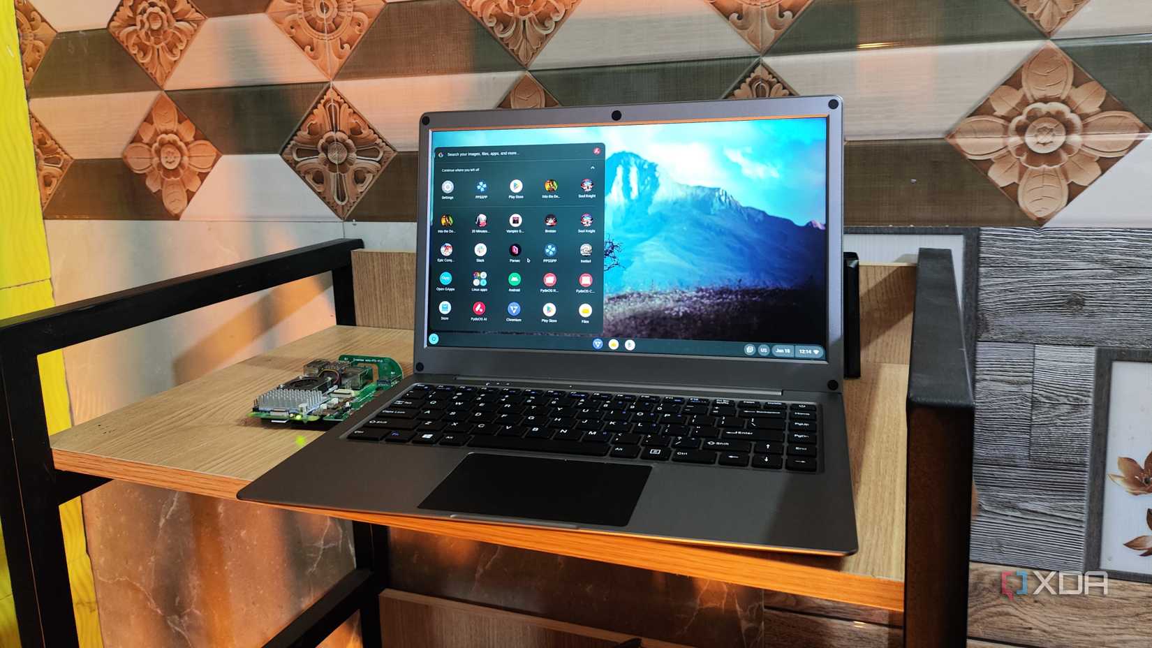 Running FydeOS on the Raspberry Pi 5, with the SBC connected to the CrowView Note 14