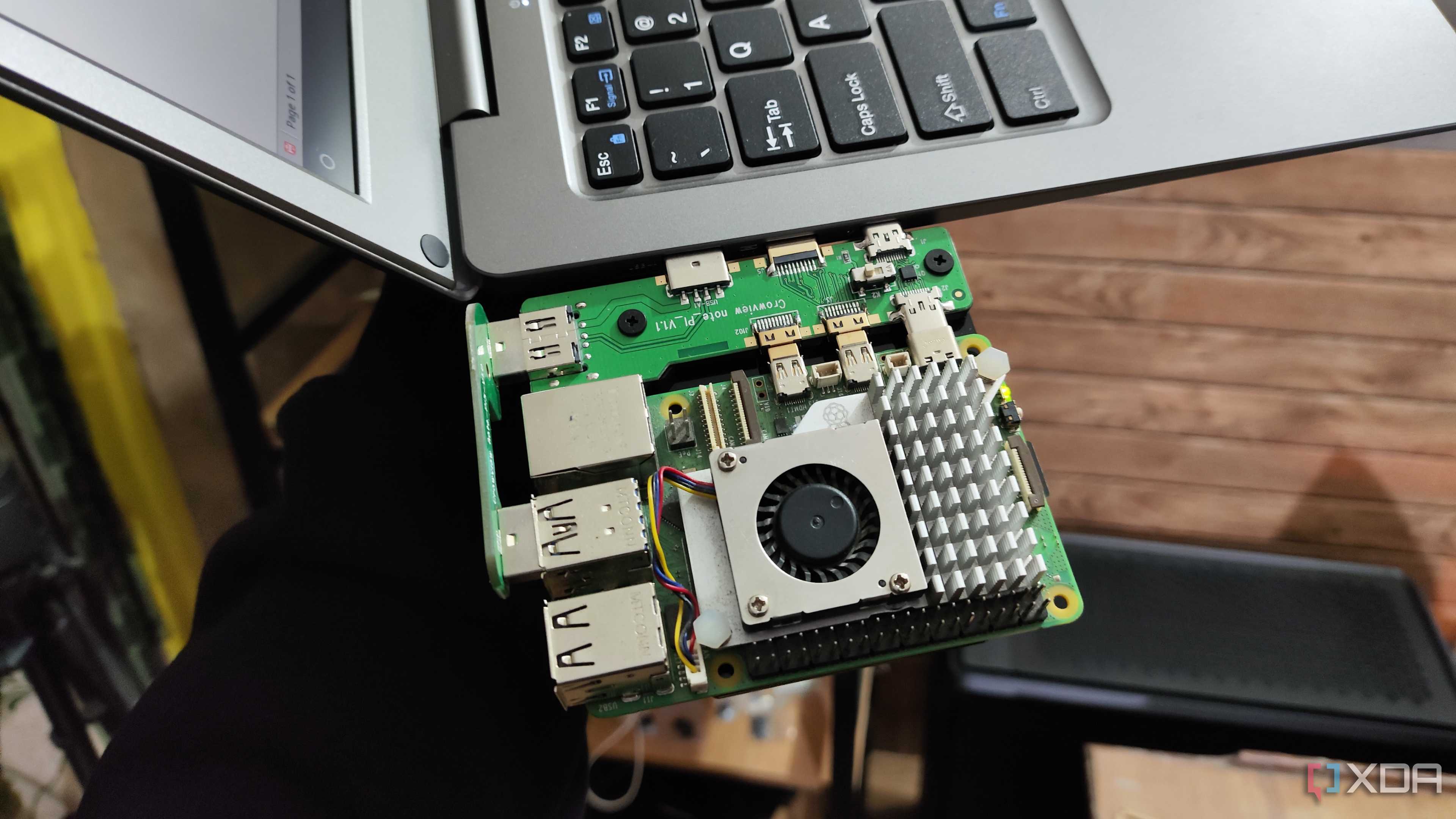 A Raspberry Pi 5 connected to the CrowView Note 14