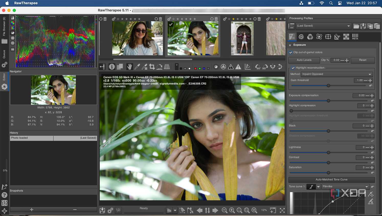 Portrait of a woman being editing in Raw Therapee editor