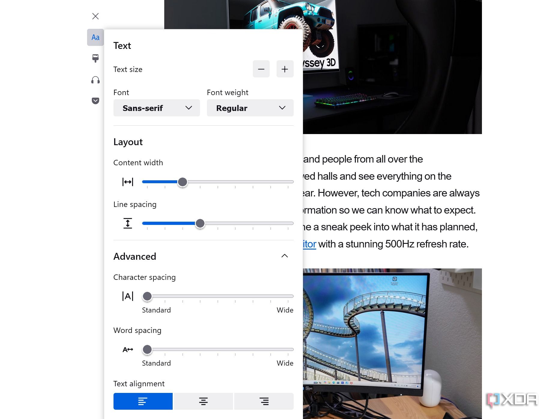 Firefox reader mode text options