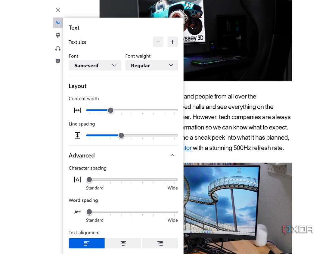 Firefox reader mode text options