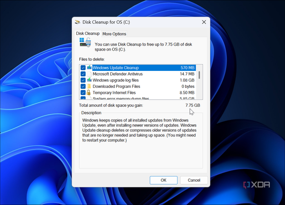 shows using Disk Cleanup to reclaim 8 GB of drive space
