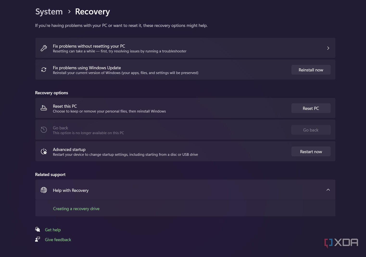 the option to reset a windows pc