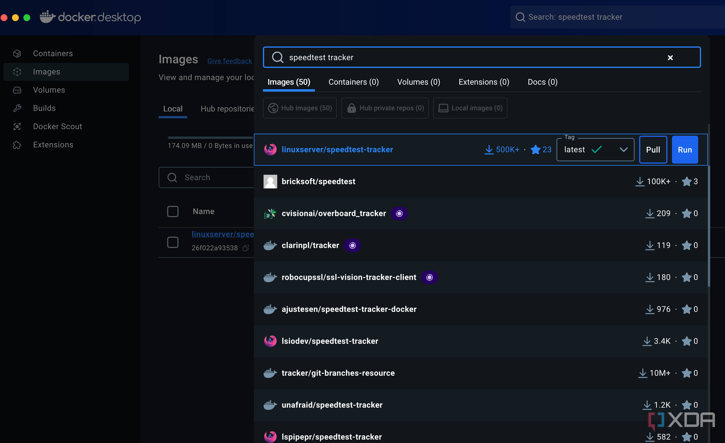 Searching for speedtest tracker container using Docker Desktop