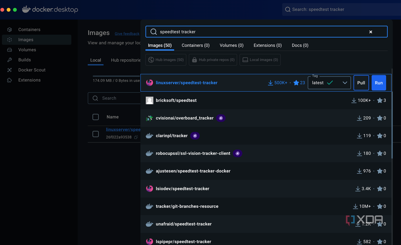 Searching for speedtest tracker container using Docker Desktop