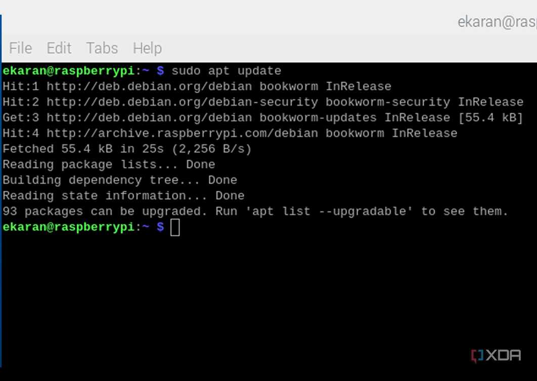 The output after running the command: sudo apt update