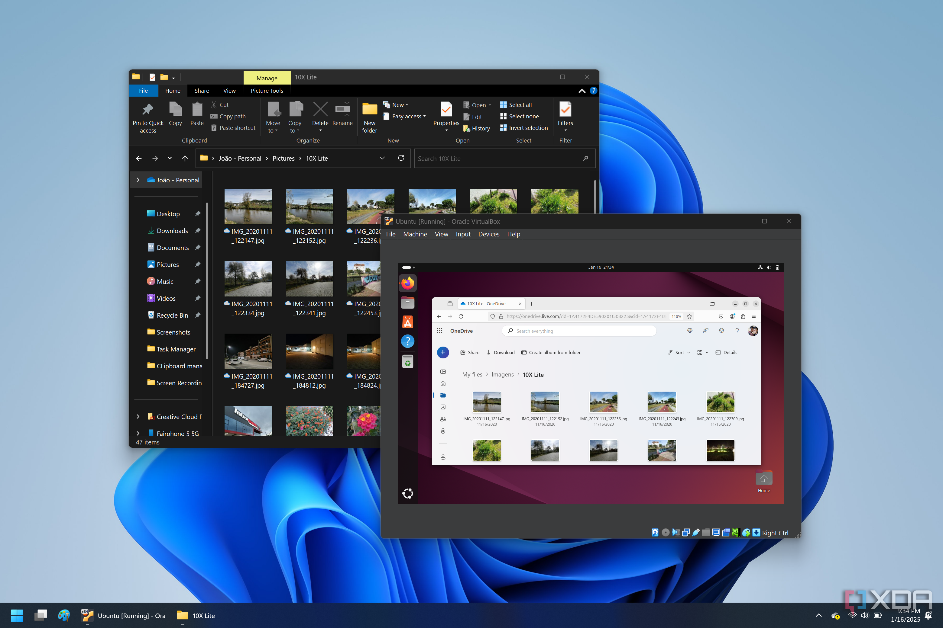 Screenshot of Windows 11 running Ubuntu in VM. The host PC and the VM both are showing the same folder in OneDrive