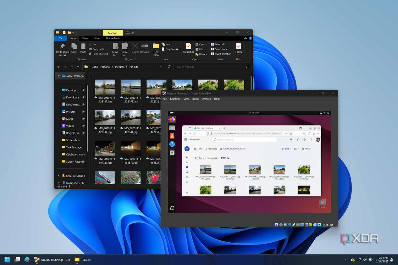 Screenshot of Windows 11 running Ubuntu in VM. The host PC and the VM both are showing the same folder in OneDrive