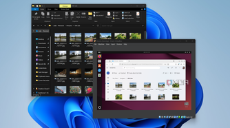 Screenshot of Windows 11 running Ubuntu in VM. The host PC and the VM both are showing the same folder in OneDrive