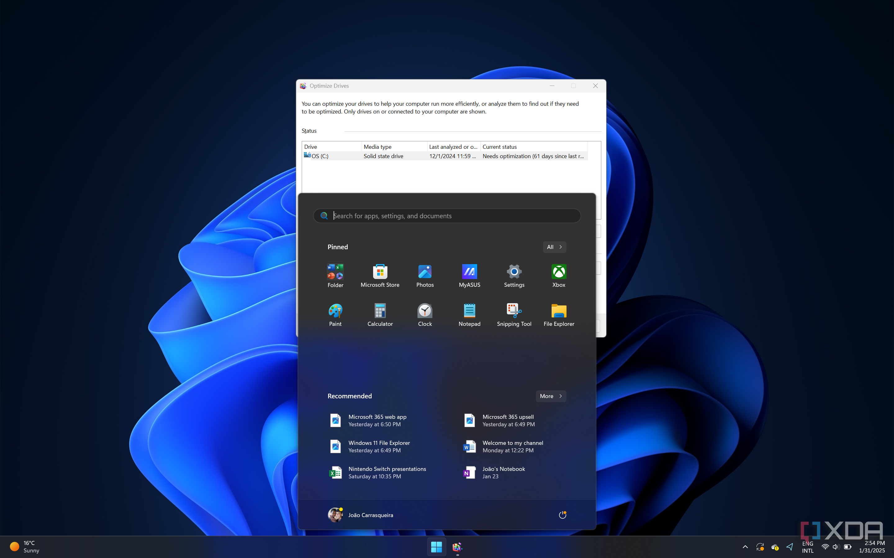 Screenshot of the Windows 11 Start menu in dark mode with a disk optimization window in the background not following the dark mode setting