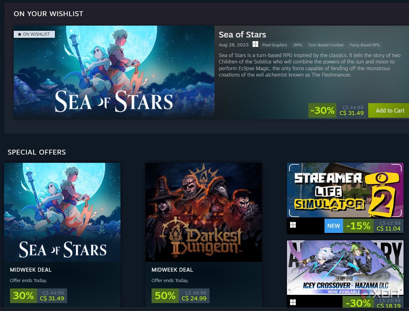 Screenshot of the indie store page in the Steam software.