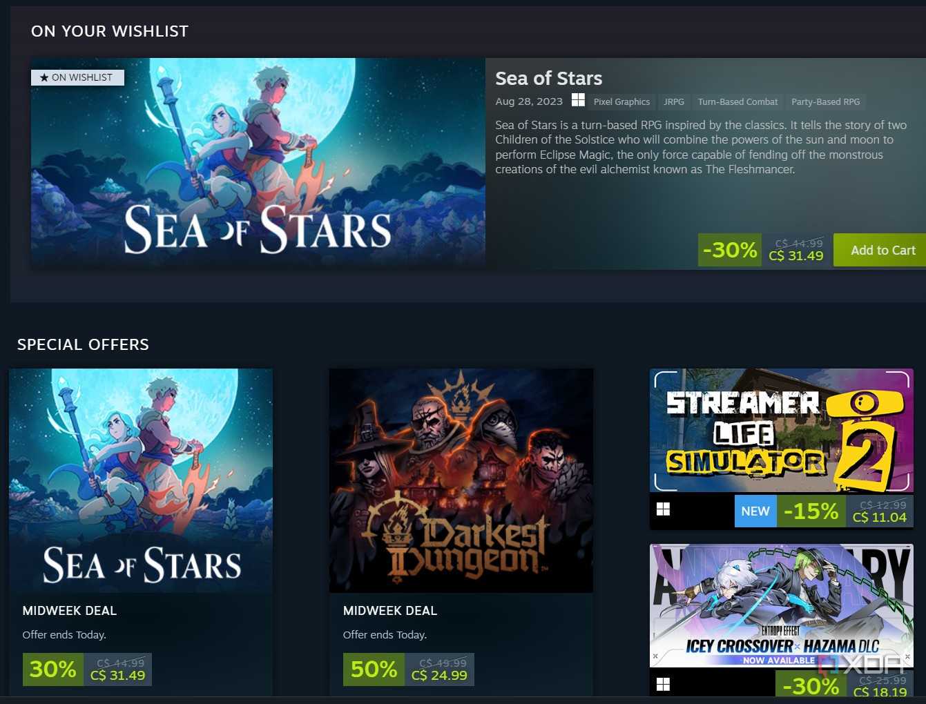 Screenshot of the indie store page in the Steam software.