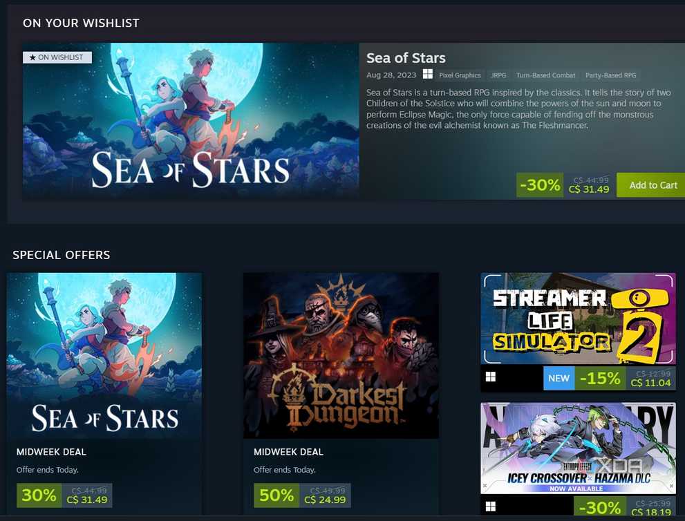 Screenshot of the indie store page in the Steam software.