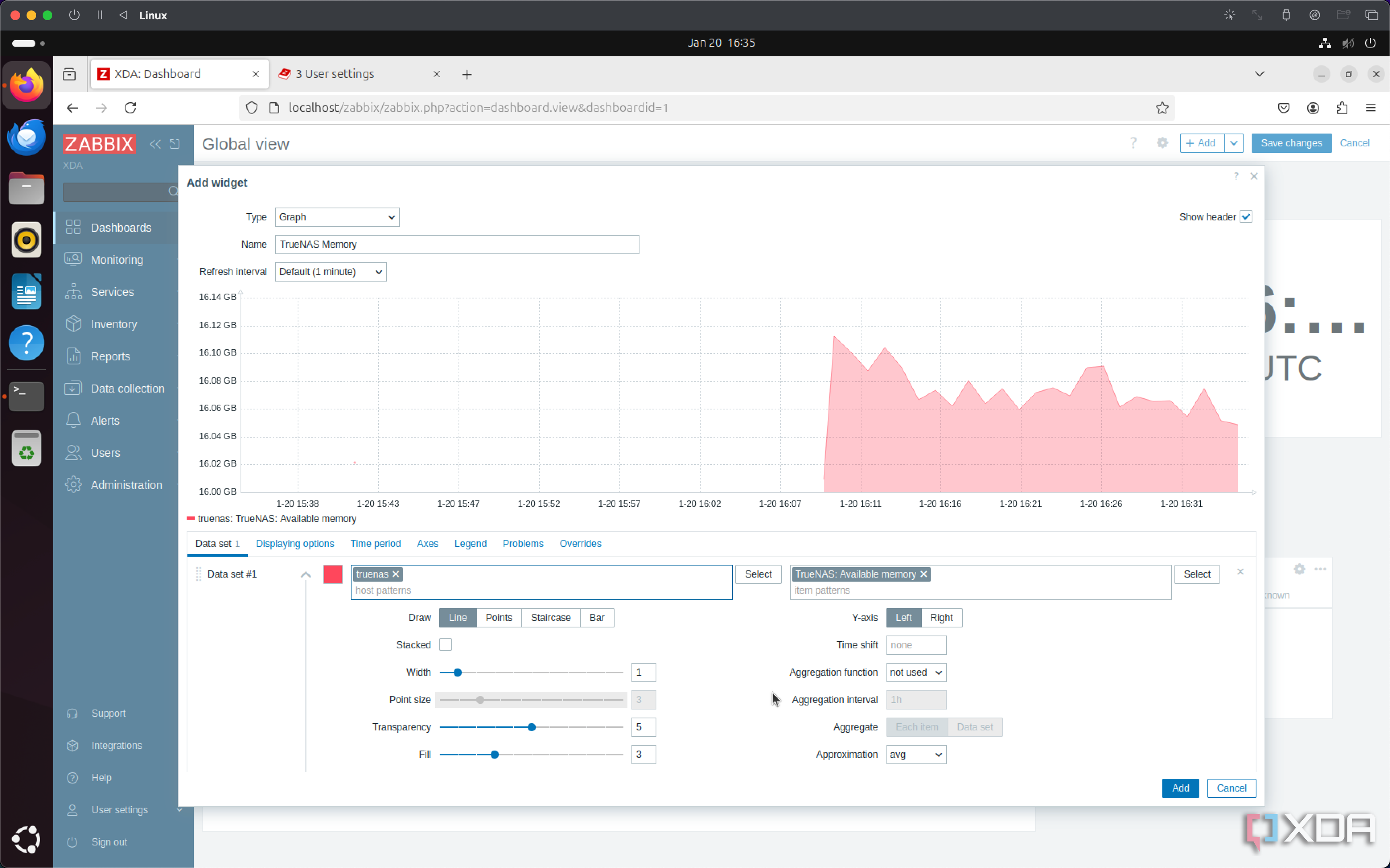 Zabbix TrueNAS dashboard adding a memory usage widget