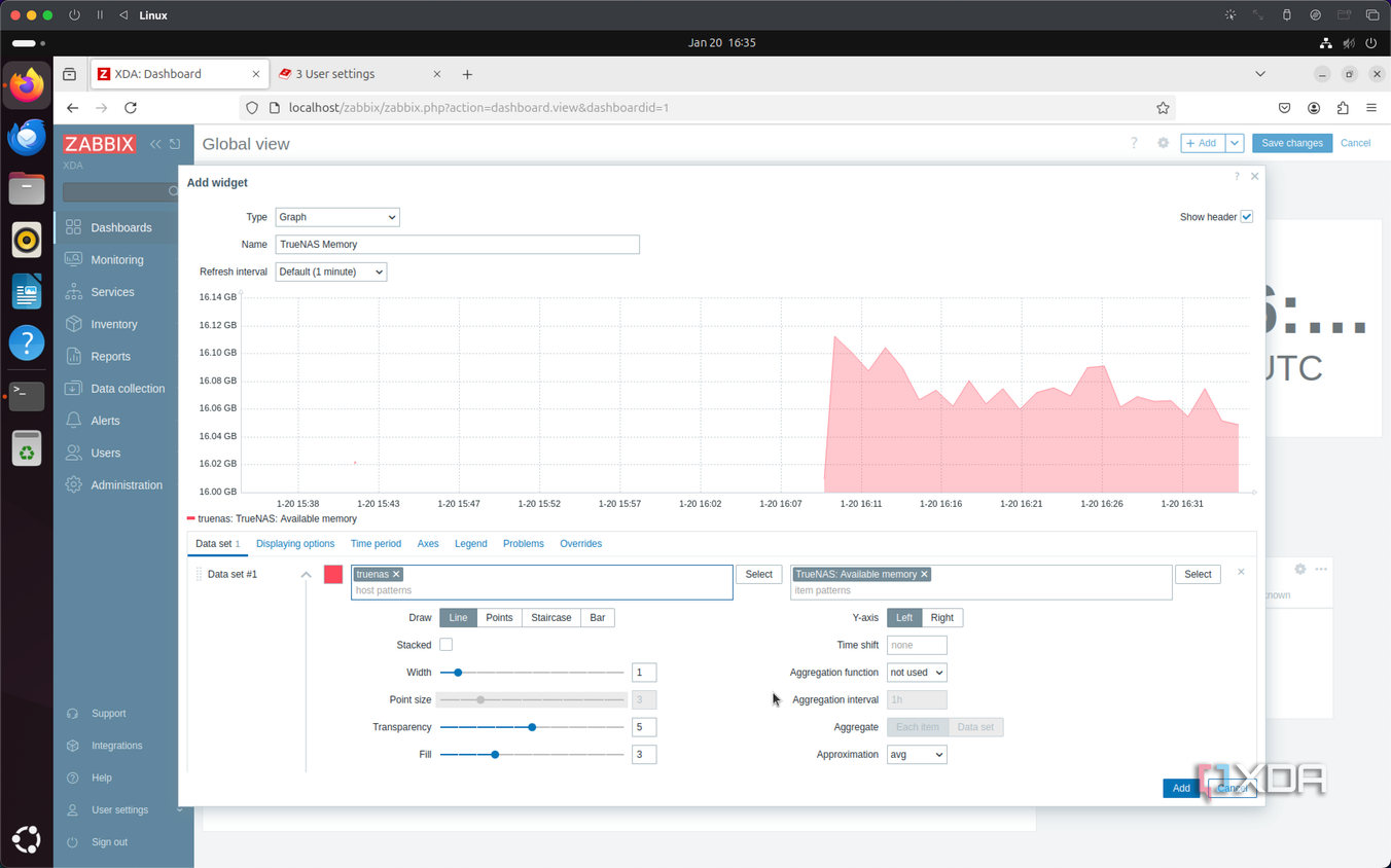 Zabbix TrueNAS dashboard adding a memory usage widget