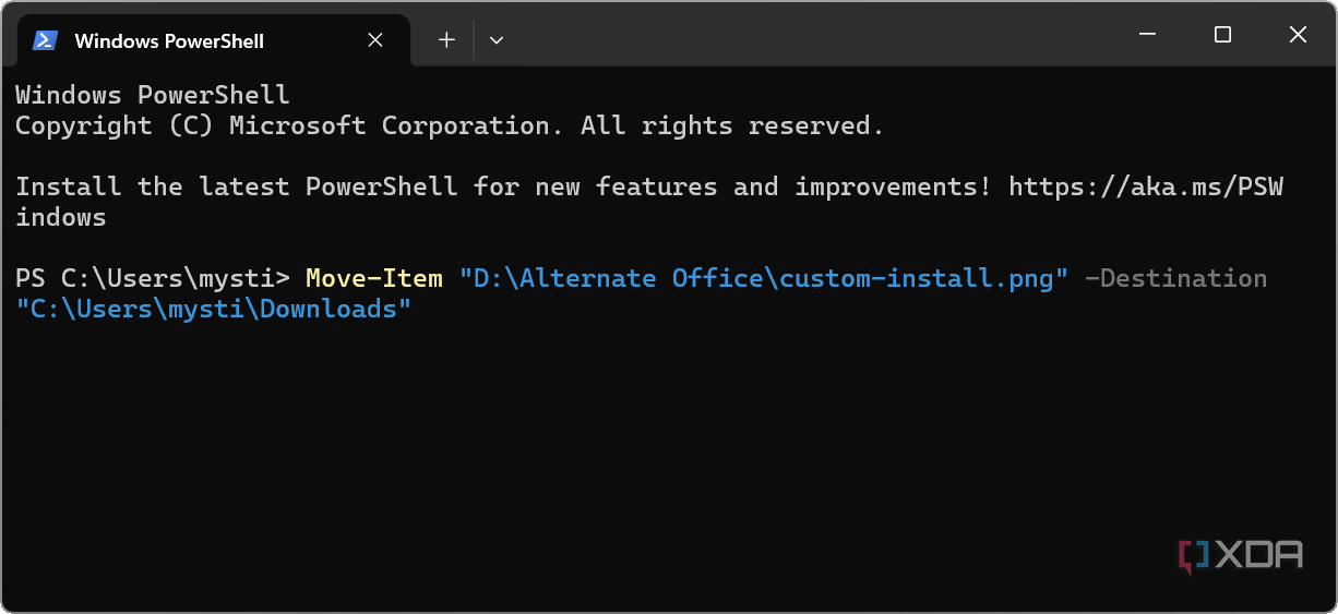 screenshot shows moving file destination in powershell