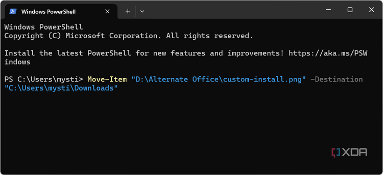 screenshot shows moving file destination in powershell