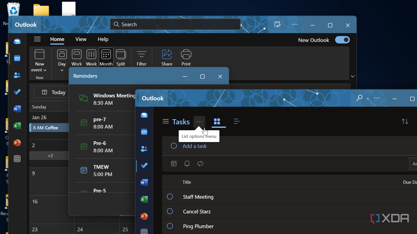 screenshot showing different options in the new Outlook app on Windows 11