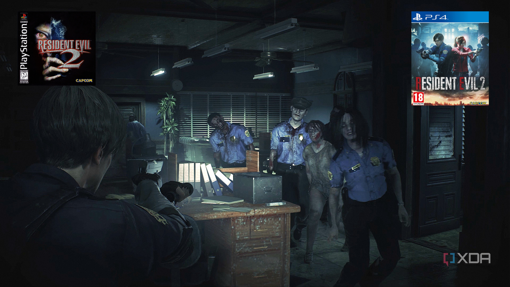 Leon shooting zombies in RE 2 remake