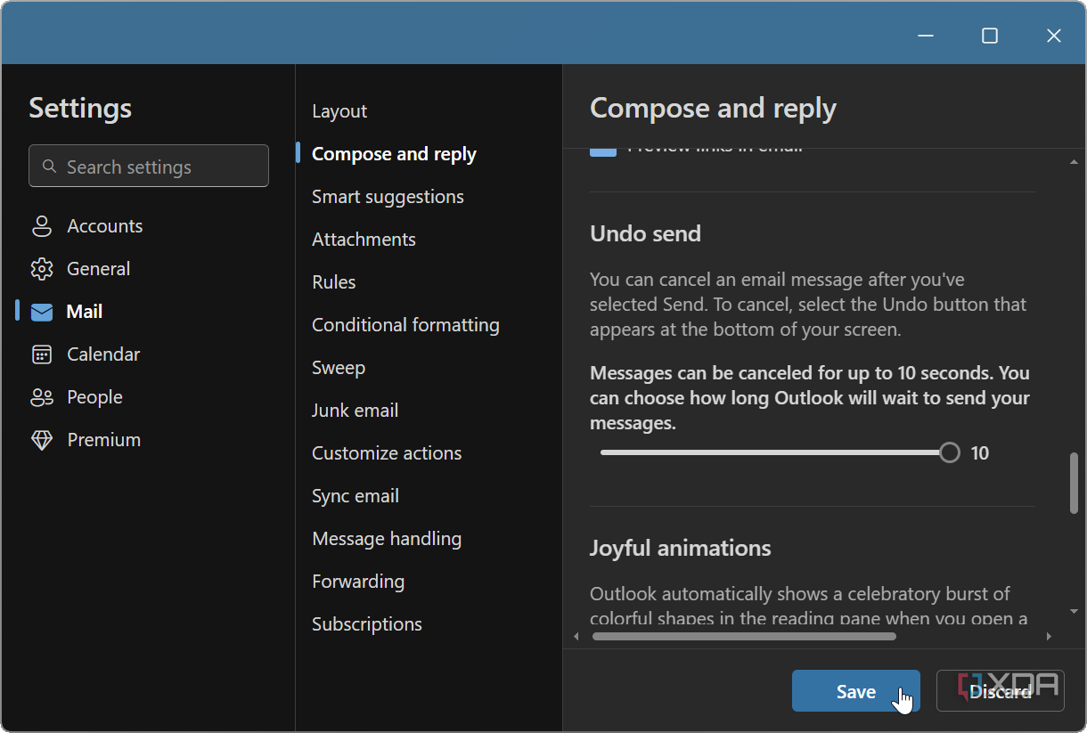 shows setting the Undo Send feature in the Outlook app settings on Windows 11