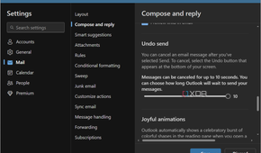 shows setting the Undo Send feature in the Outlook app settings on Windows 11