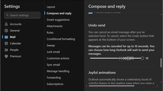 shows setting the Undo Send feature in the Outlook app settings on Windows 11
