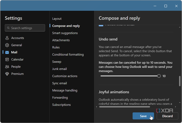 shows setting the Undo Send feature in the Outlook app settings on Windows 11