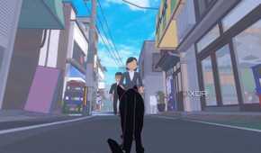 Black cat approaching people in Little Kitty, Big City