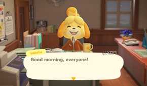 Isabelle saying morning announcements Animal Crossing: New Horizons