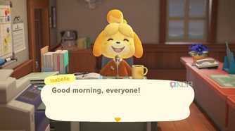 Isabelle saying morning announcements Animal Crossing: New Horizons