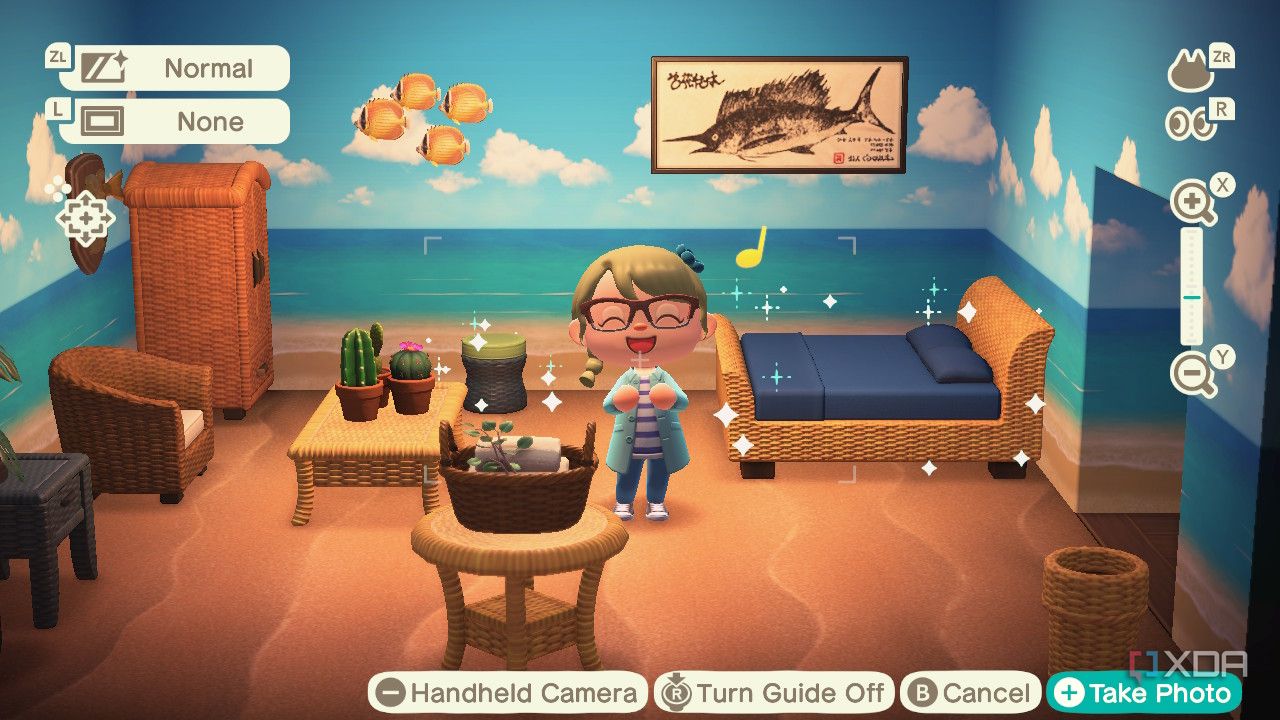 Avatar in Animal Crossing: New Horizons posing in ocean-themed bedroom