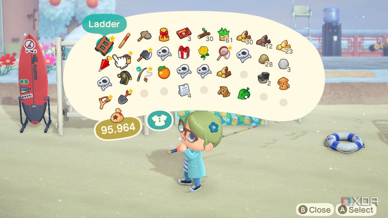 Avatar with inventory menu open in Animal Crossing: New Horizons