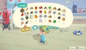 Avatar with inventory menu open in Animal Crossing: New Horizons