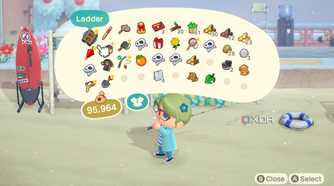 Avatar with inventory menu open in Animal Crossing: New Horizons