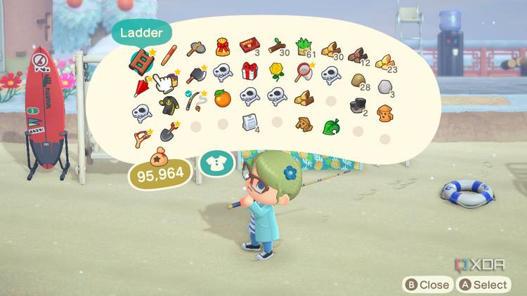 Avatar with inventory menu open in Animal Crossing: New Horizons